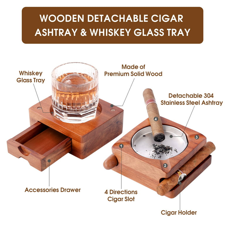 Cigar Ashtray Whiskey Glass Tray - Wood Ash Tray with Slot Hold