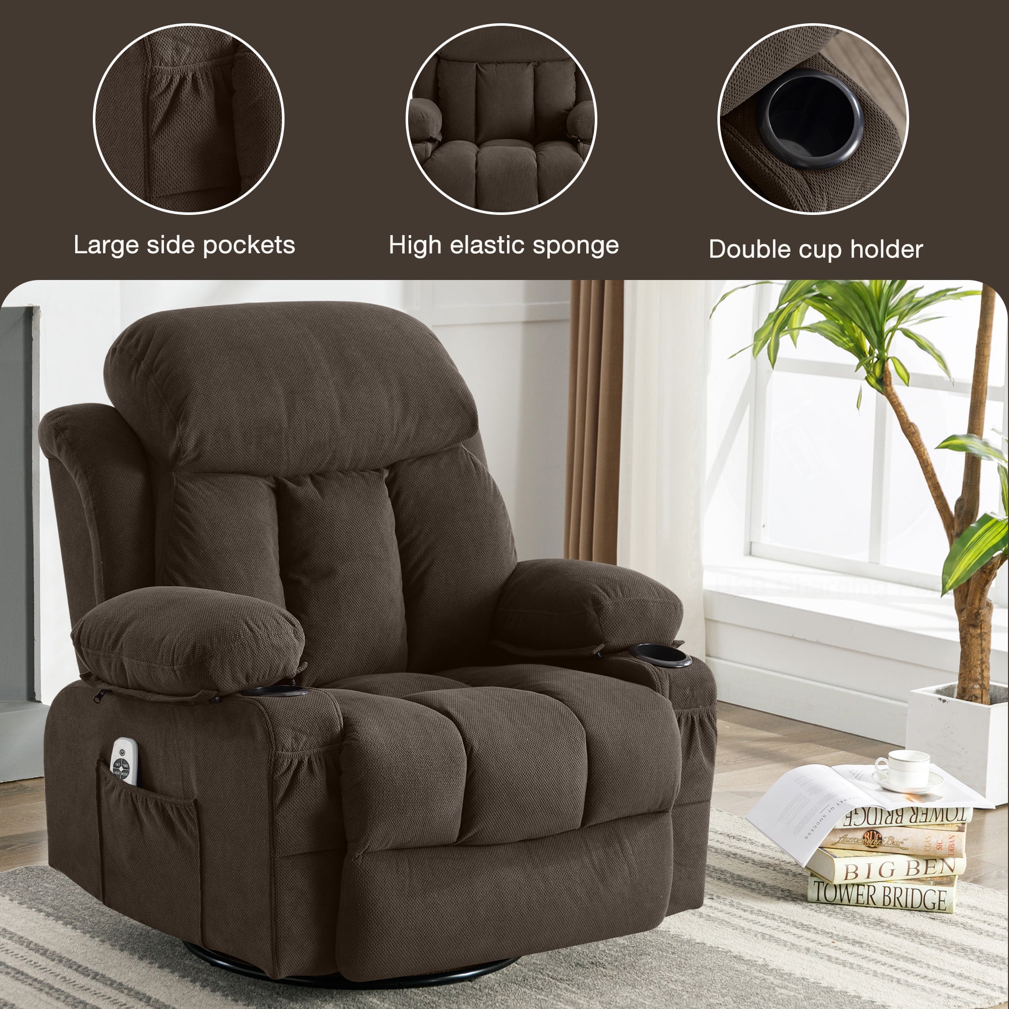 HSUNNS 360° Swivel Recliner Chair with Massage & Heat, 135° Recline, Living Room Recliner with USB Port, Cup Holder and Storage, 350LB Ergo Lounge Chair Brown