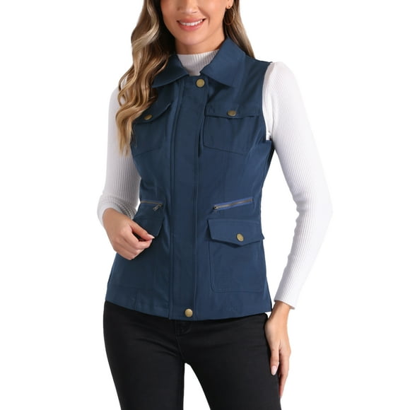 Allegra K Women's Zip Up Jacket with Pockets Sleeveless Anorak Utility Vest S Navy Blue