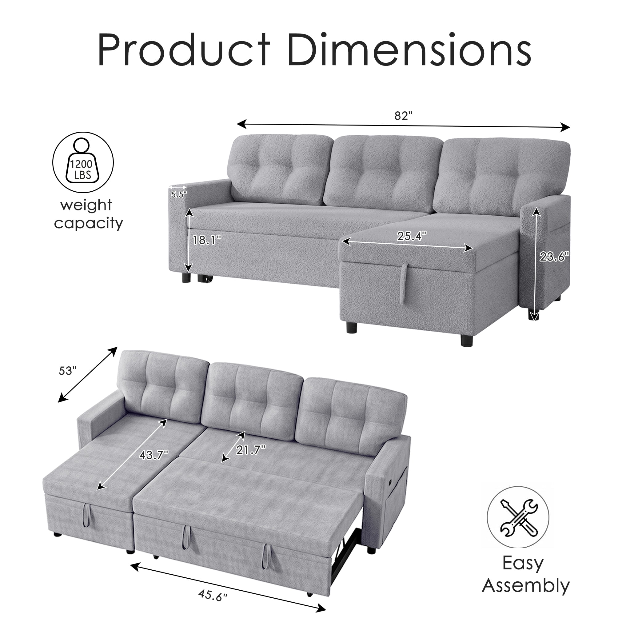 avobird 82" L Shaped Sleeper Sofa Bed, 3-Seat Convertible Sectional Couches with Storage Chaise, Terry Cloth Pull Out Couch for Living Rooms, Apartment, Light Gray