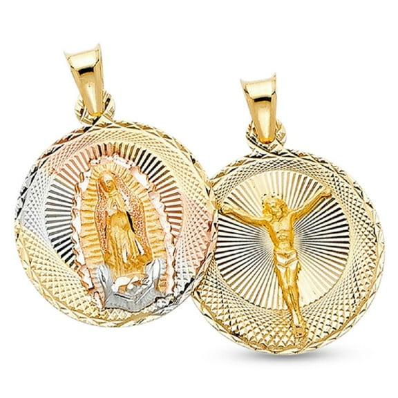 14k Tri Tone Gold Jesus Crucifix Double Side Lady Guadalupe Pendant Genuine Round Coin Stamp Diamond Cut 25 mm x 20 mm