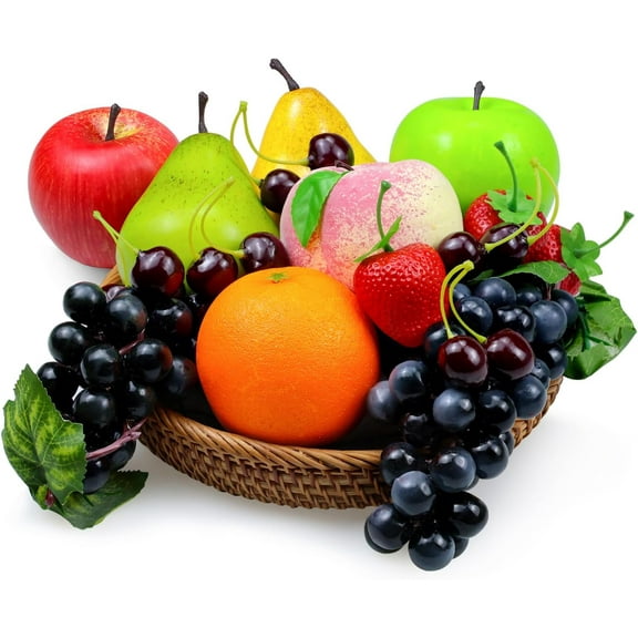 16 Pcs Fake Fruits Pack, Artificial Fruits for Decoration Kitchen Home, Display Fruits for Dining Table Decor, Realistic Fake Food Apple Peach Oranges Grapes Pear