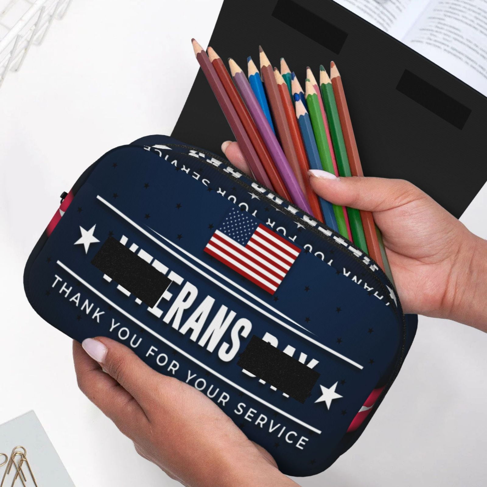 Rateoe Happy Veterans Day Pattern Double Clamshell Pen Case, Storage Organizer with Two Zipper Compartments– Holds Up to 50 Pencils & Pens