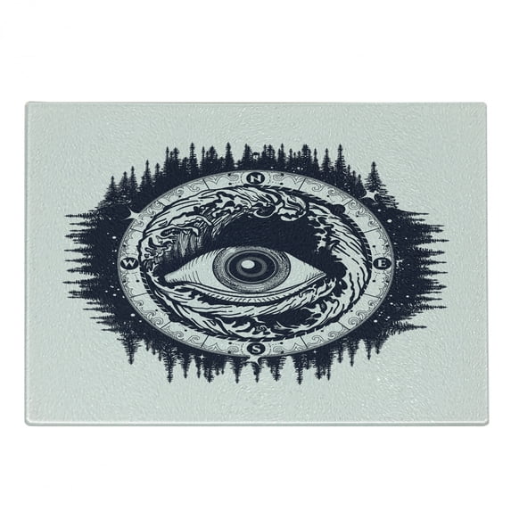 Compass Cutting Board, All Seeing Eye Compass with Directions Occultism Art Illustration, Decorative Tempered Glass Cutting and Serving Board, Small Size, Dark Blue and White, by Ambesonne