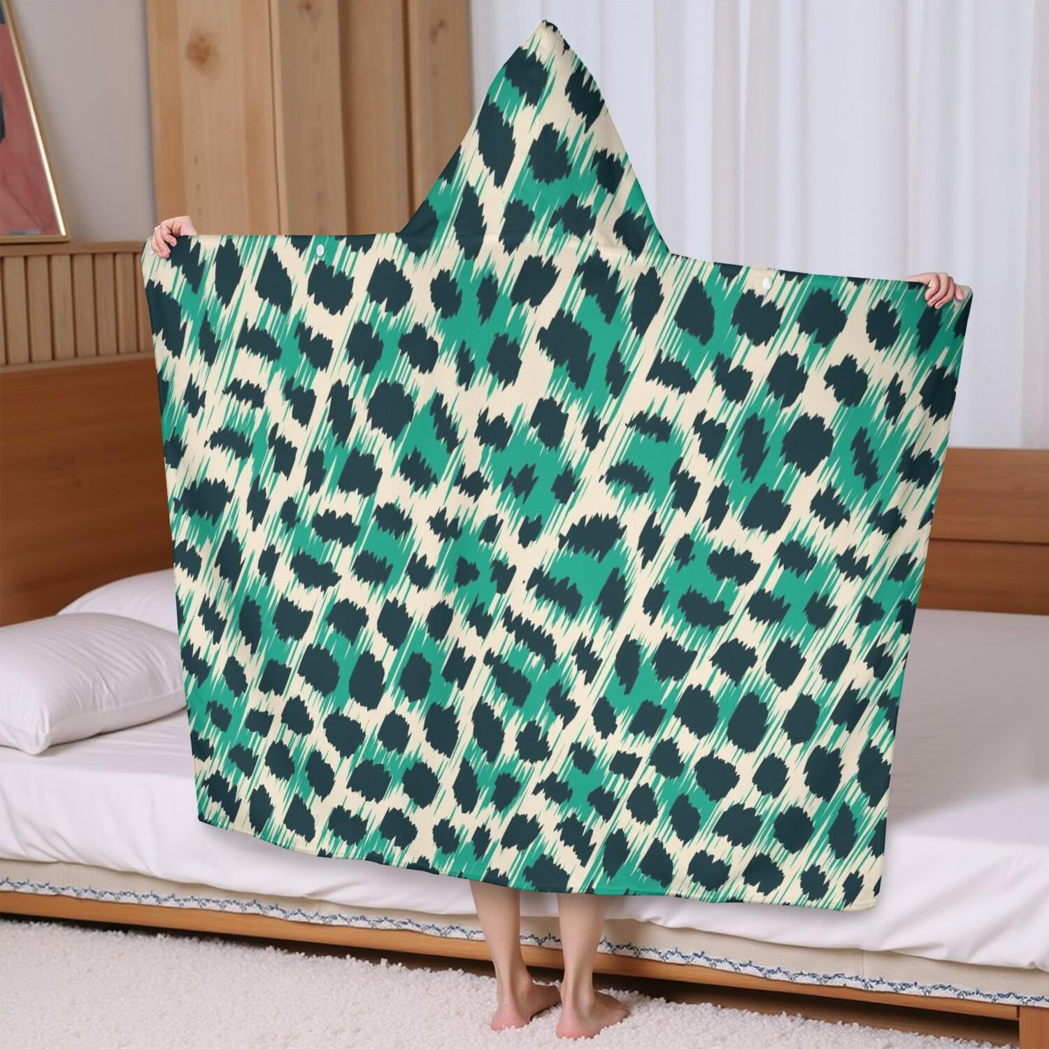 Leopard Pattern with Green and Black Spots Hooded Bath Towel，60"x35" for Ages 3 To 12 Kids, Quick Dry Lightweight Soft Microfiber Hood Beach Towel Cover Up for Kids
