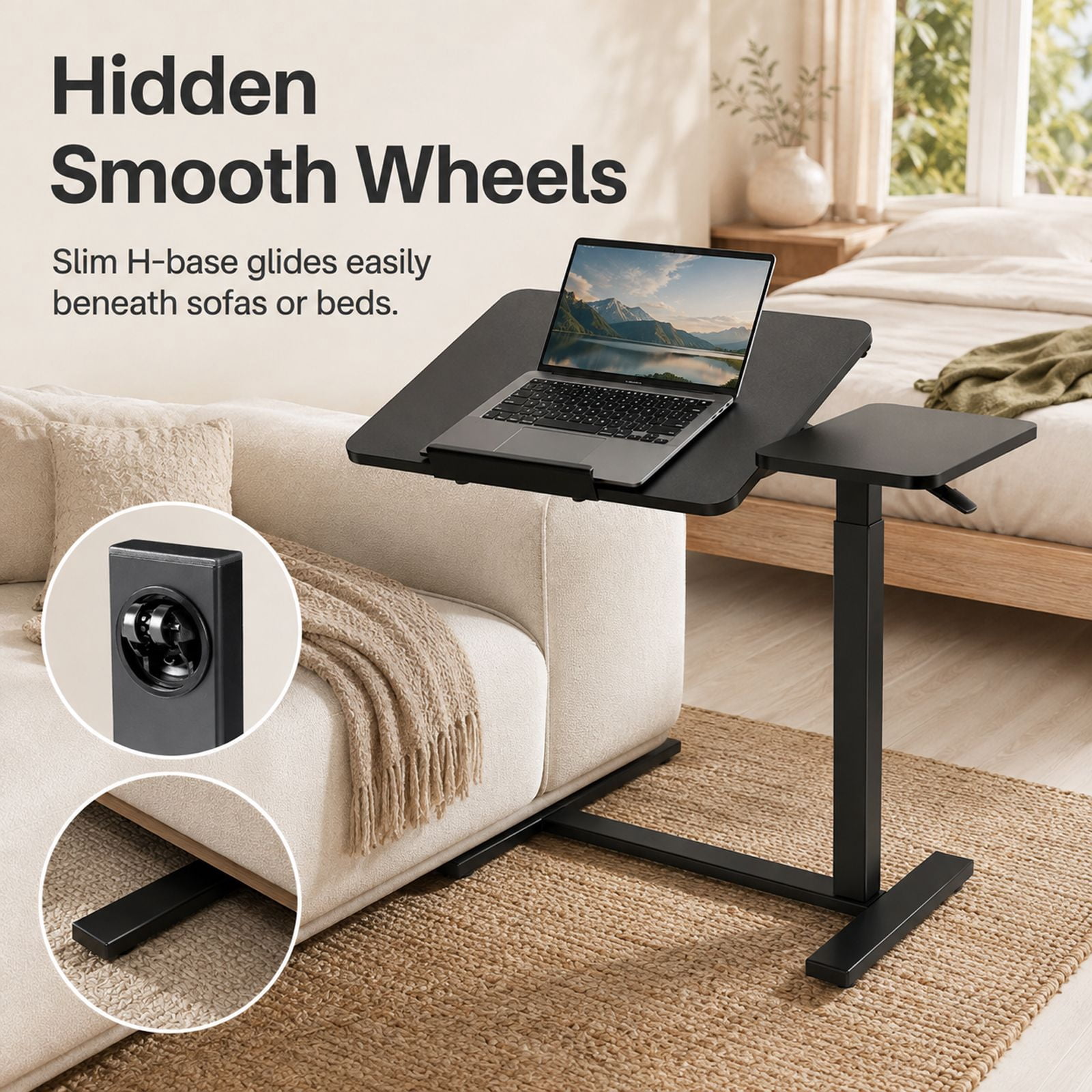 Alvantor Adjustable Bedside Table with Wheels, Rolling Desk, Laptop Table, Portable Design, Adjustable Height, Computer Workstation, Home Office Classroom