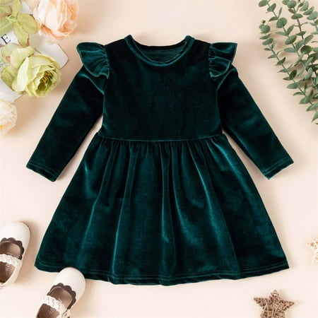 

SHENGXINY Toddler Girls Dress Long Sleeve Solid Color Single Sided Velvet Ruched Dress Kids Pretty Princess Dress For Girls 6M-5Y