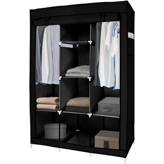 J&V TEXTILES Portable Closet Wardrobe Closet for Hanging Clothes with 8 Storage Shelves, 2 Hanging Rod and 4 Pockets, Free Standing Closet Clothes Organizer for Bedroom Black