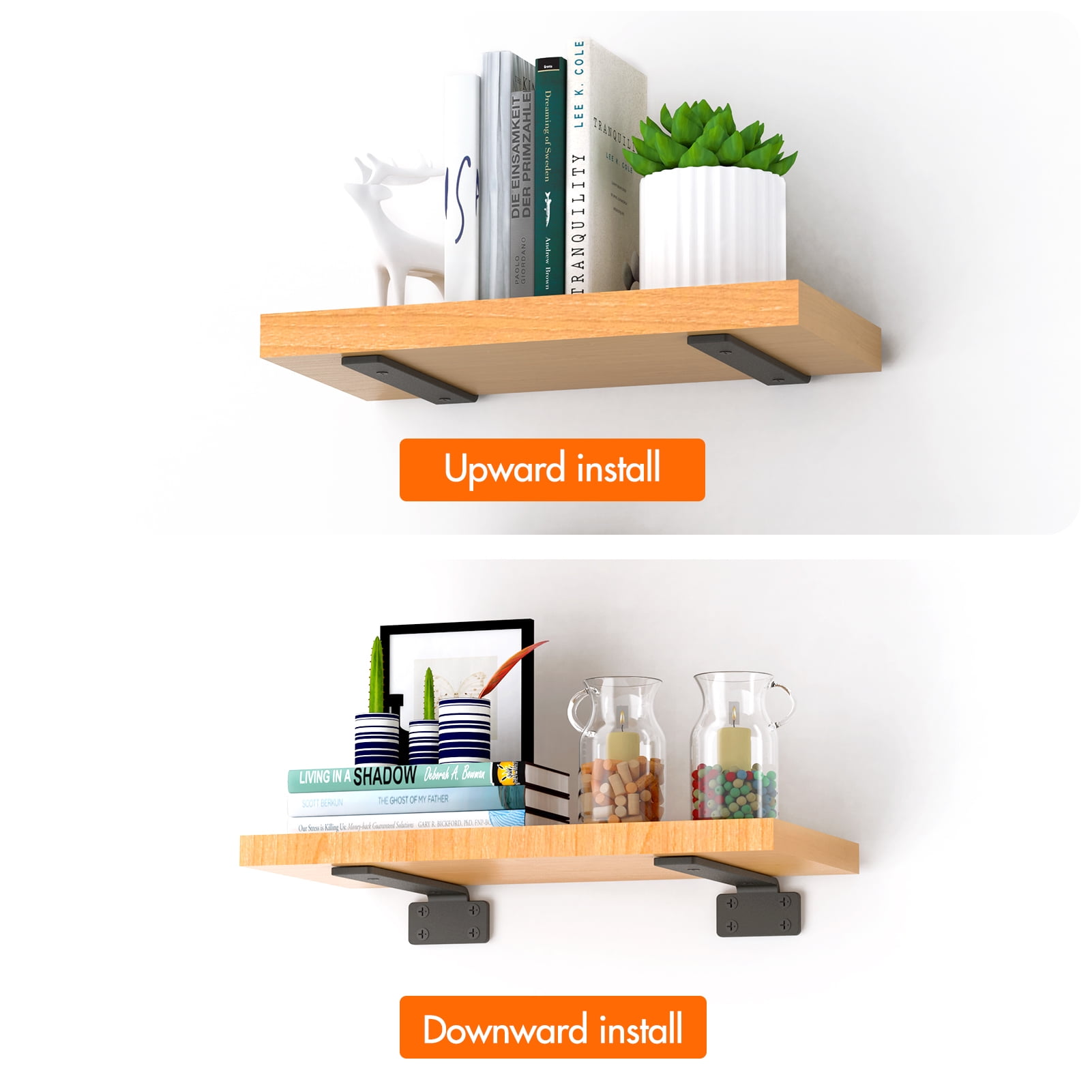 6 Pack Shelf Bracket 10 inch Long, Yeabett Floating Shelves Brackets(1/5"-Thick), Black Coated Metal Wall Shelf Support Brackets with 160 lb. Load Capacity