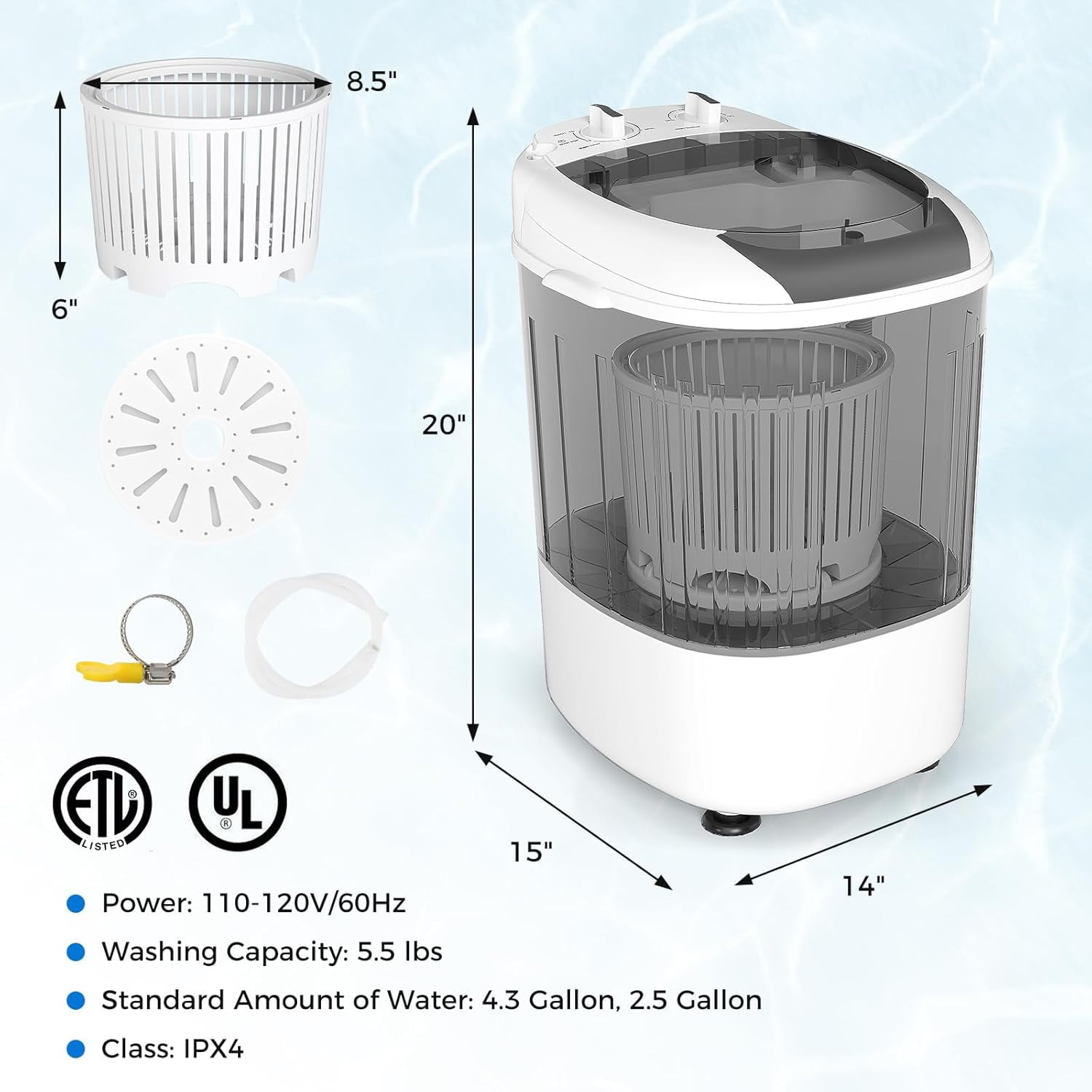 Mini Portable Washing Machine, 5.5 lbs Capacity, Compact Laundry Washer with Spin Tub & Drain Hose, Perfect for Apartment Dorms RV Home (Grey)