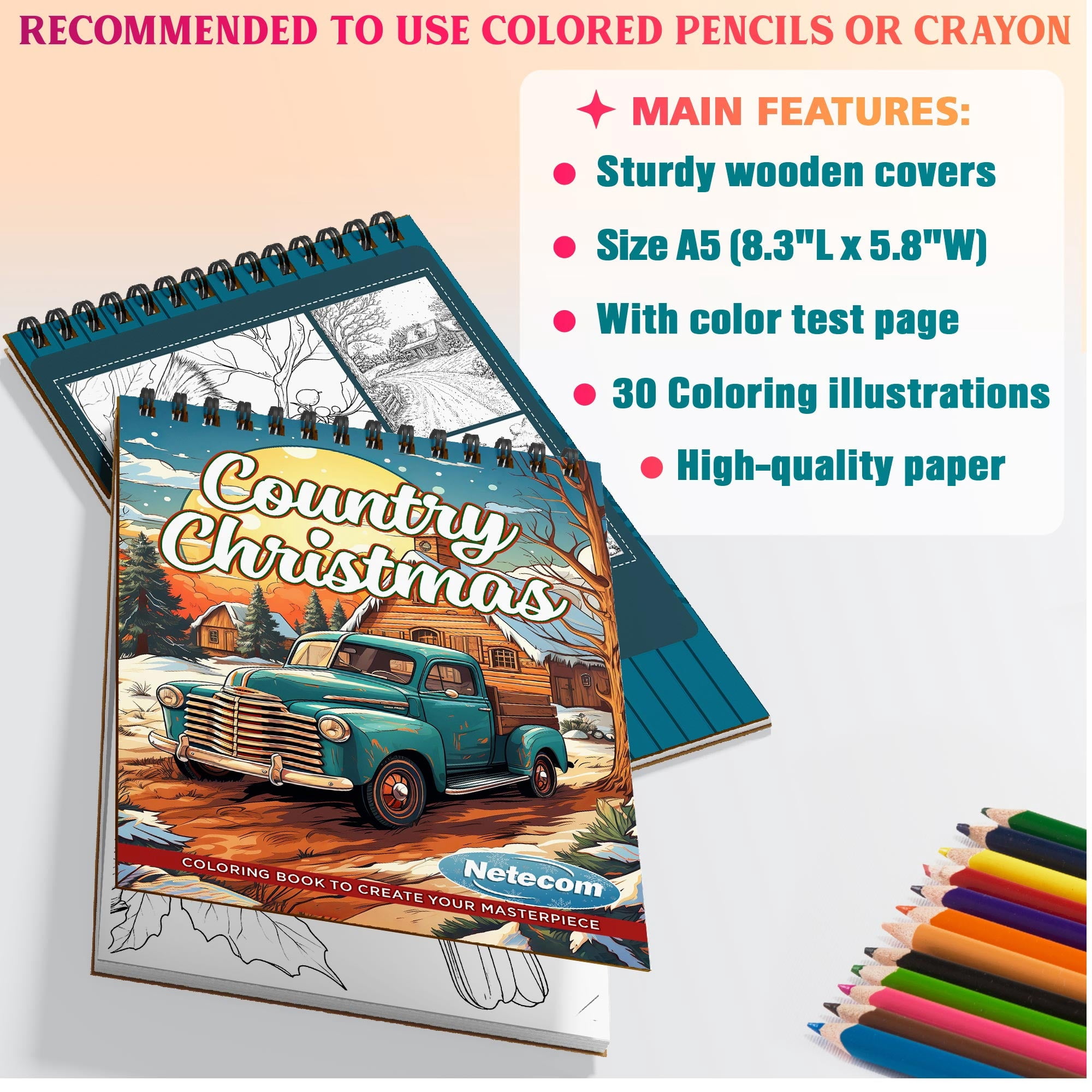 Netecom Country Christmas Coloring Book Spiral Bound for Adults, A5 Wooden Cover, 30 Stunning Coloring Pages of Winter Landscapes for Stress Relief and Relaxation