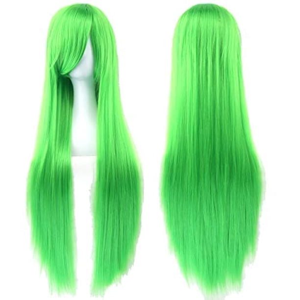 Zhuge Pelucas de cabello natural liso de 80 cm de largo para cosplay con flequillo, peluca colorida para fiesta de disfraces de Halloween para niña (verde manzana)
