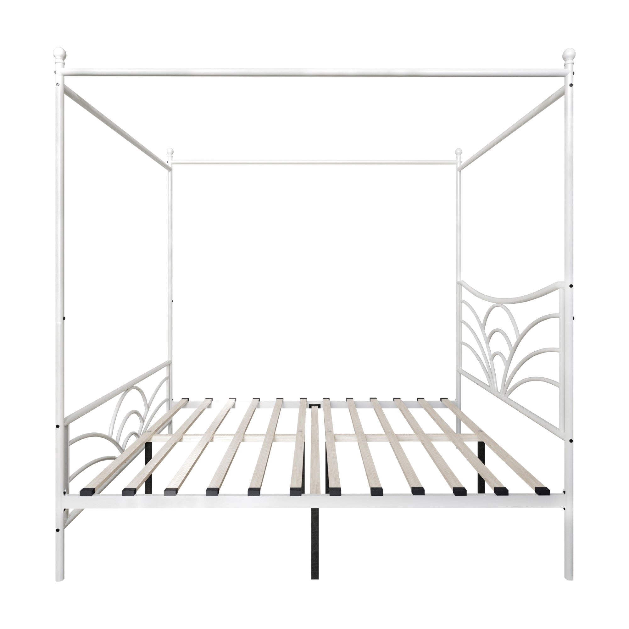 Home Design Denver Full Metal Canopy Bed Frame with Arched Headboard and Central Support Leg, White, Easy Assembly