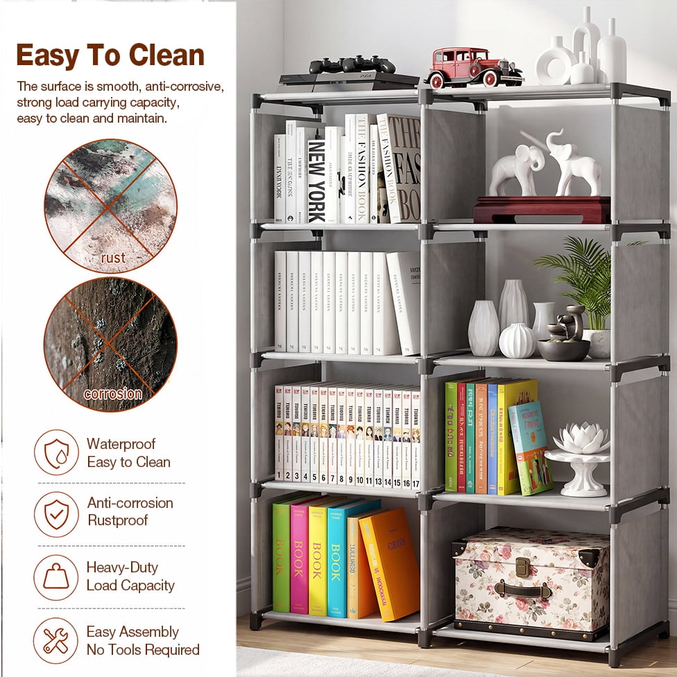 HONEIER Bookshelf, 8-Cube Storage Organizer, 5-Tier Open Bookcase for Bedroom Living Room Office, Gray