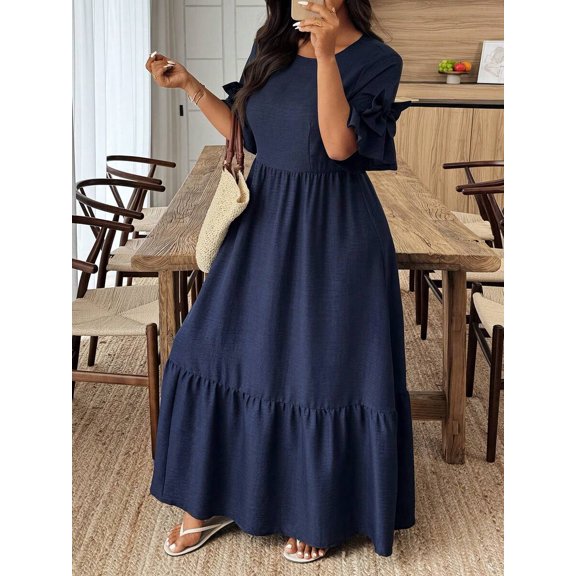Navy Blue Plus Size Women Short Sleeve Ruffle Sleeve Maxi Dress