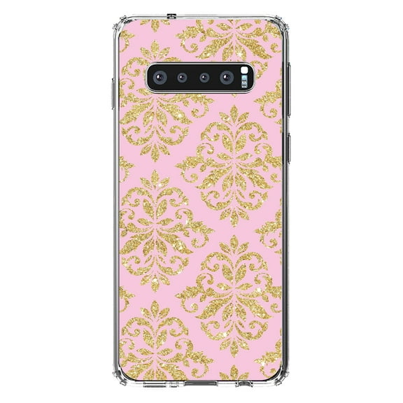 DistinctInk Clear Shockproof Hybrid Case for Samsung Galaxy S10 (6.1" Screen) - TPU Bumper, Acrylic Back, Tempered Glass Screen Protector - Pink & Gold Print - Damask Pattern