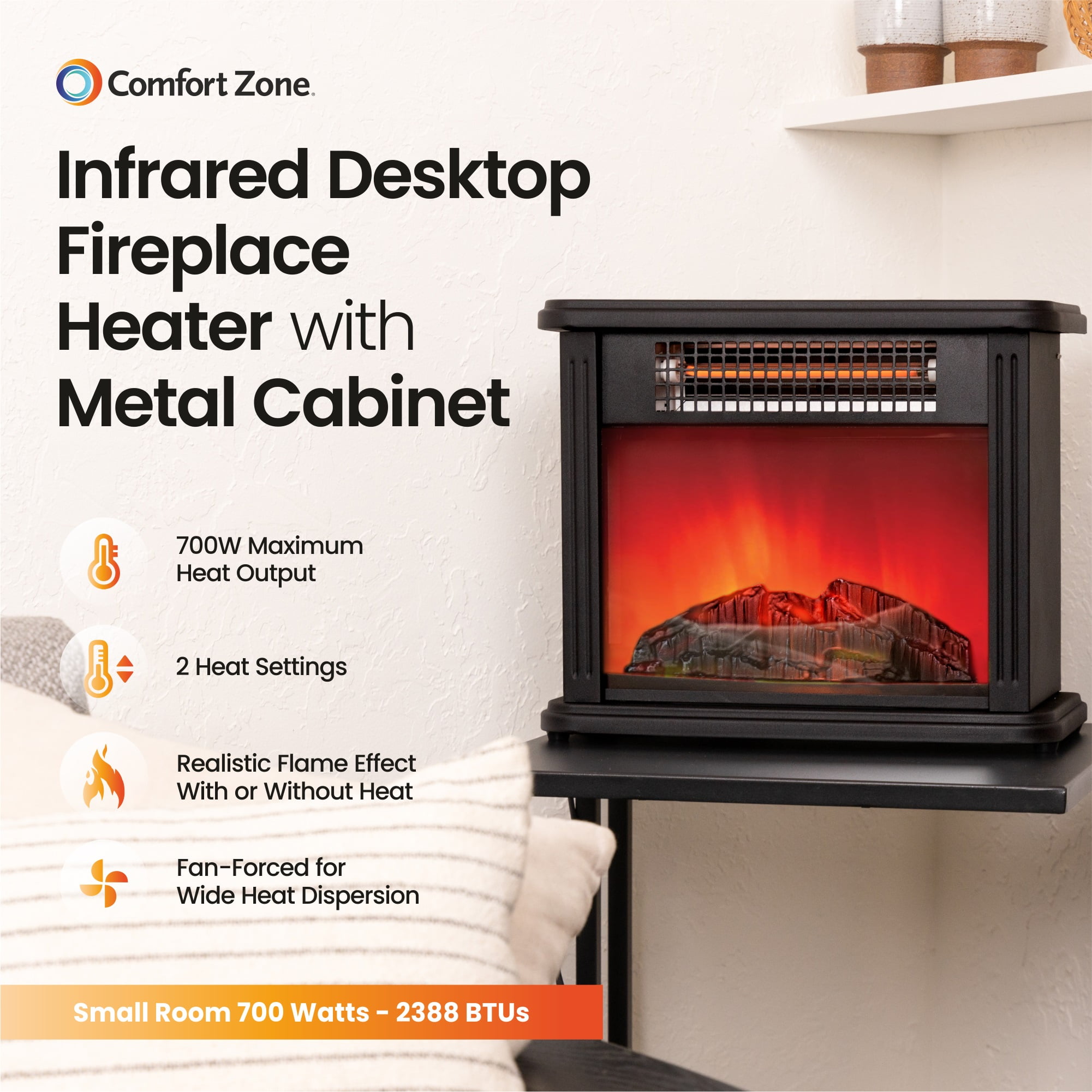 Comfort Zone CZFP20M 350/700 Watt 2 Heat Setting Infrared Desktop Fireplace  Heater, Black - Walmart.com