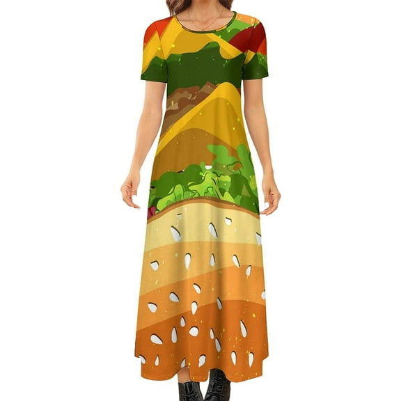 Cheeseburger Fast Food Pattern Women's Short Sleeve Crewneck Dress Casual Long Maxi Dresses