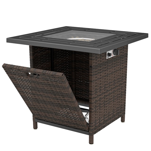 28 Inch Propane Fire Pit Table, 40,000 BTU Square Rattan Gas Fire Table with Lava Rocks, Black PE Wicker Outdoor Coffee Table for Patio, Garden and Backyard Social Gatherings