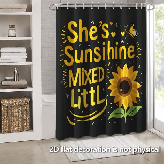 Hoease Sunflower She's Sunshine Quote Shower Curtain, 71W x 71L Inch Waterproof Fabric Bathroom Curtain with 12 Hooks, Boho Floral Bathroom Decor