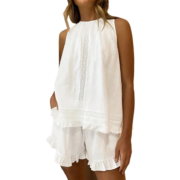 Htigea Womens Cotton Linen Set Fashion Summer Sleeveless Top and Ruffle Hem Shorts 2 Piece Casual Outfits White S