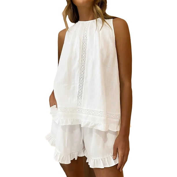 Conjuntos Cortos para las Mujeres Casual Verano Moda Sólido Cuello Redondo sin Mangas con Pantalones Cortos 2 Conjuntos de Pc