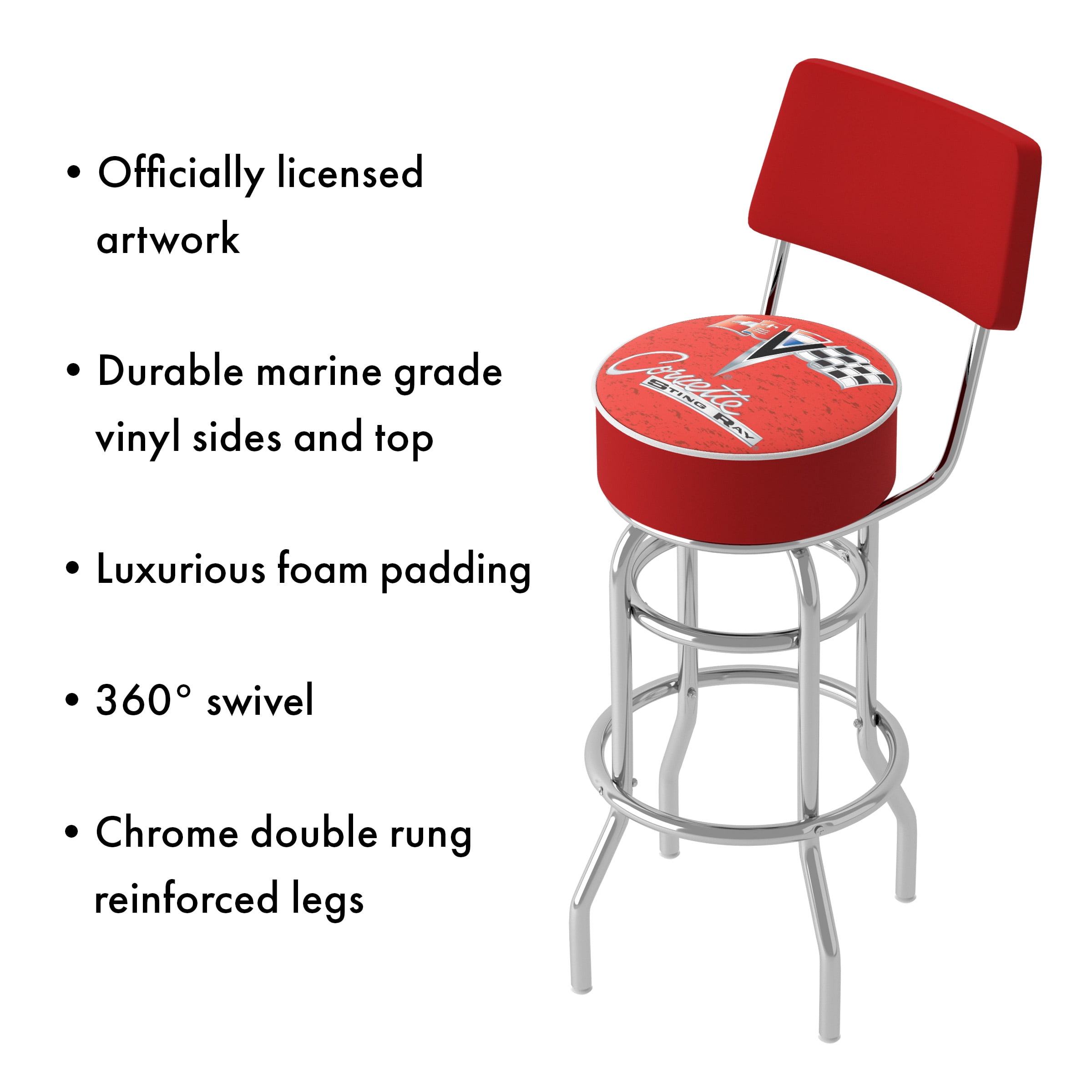 Trademark Gameroom Corvette C2 Red Bar Stool with Back Rest