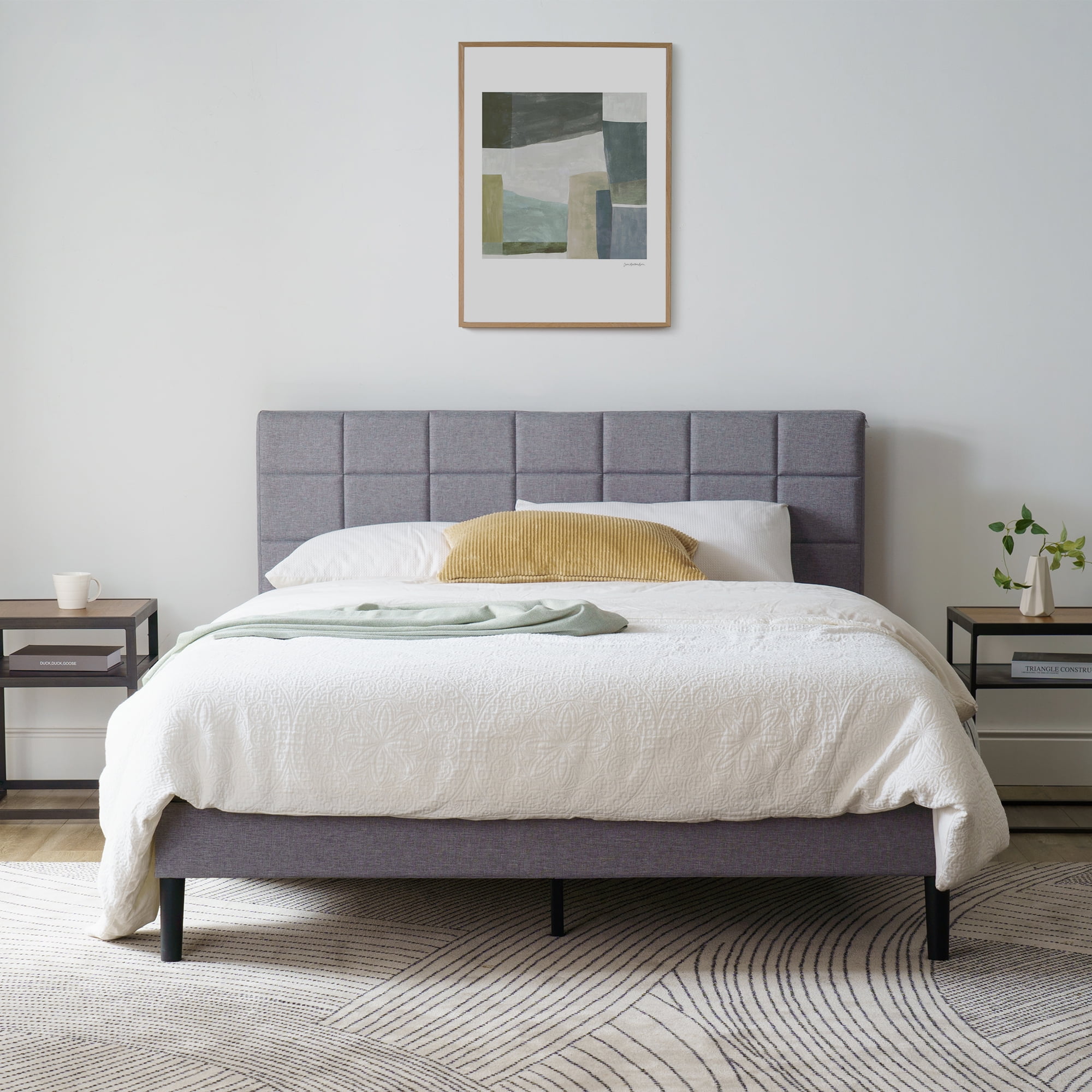 Mainstays Gray Upholstered Square Tufted Platform Bed, King, No Box Spring Needed