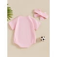 thumbnail image 6 of ESASSALY Baby Girls Summer Casual Romper Short Sleeve O Neck Letter Rugby/Letter Football Print Romper with Headband, 6 of 9