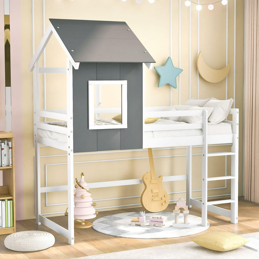 White Kids Twin Loft Bed with Houseshaped frame, Pine Wood House Bed