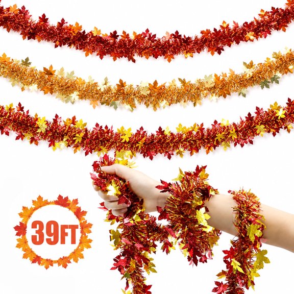 Fall Maple Leaf Tinsel Garland, 39 Ft Shimmering Autumn Glitter Garland Decorations for Thanksgiving Home Mantel Fireplace Indoor Outdoor Holiday Party 6 Pcs