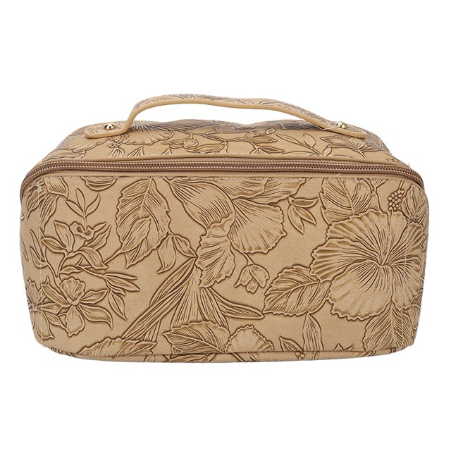 Bolsa de maquillaje de piel sintética color caqui, gran capacidad, con estampado floral, portátil, con cremallera y asa.