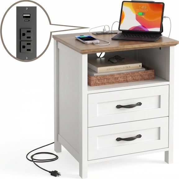 CHITOOMA 2-Drawer Nightstand with Charging Station, Farmhouse Bedside Table with Open Shelf, Small Wood End Table for Bedroom Living Room, White & Brown