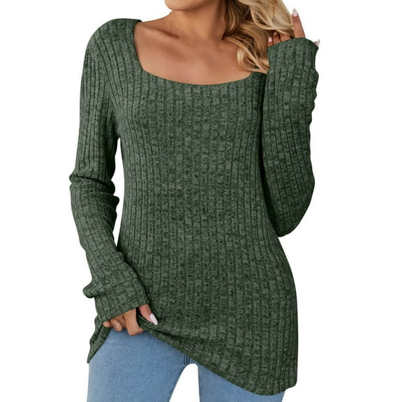IROINNID Ladies Long Sleeve T Shirts Winter Square Neck Tops Solid Regular Blouse,Army Green