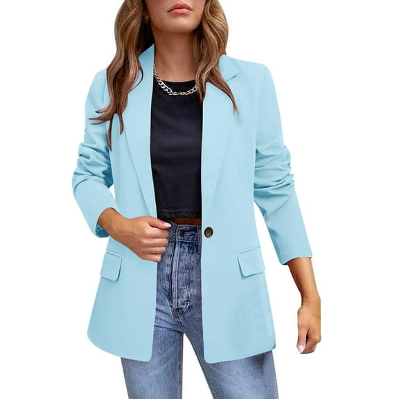HWRETIE Suits Womens Blazer Womens Pocket office Blazer Draped Front Cardigan Jacket Work Suit Blazers for Women Sky Blue