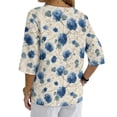thumbnail image 2 of Xoenoiee Blue Hydrangea Flower Print 3/4 Sleeve Cotton Linen Shirts for Women Summer Retro Boho Tops Button Down Loose Casual Blouses Dressy Loose Fit, Size XL, 2 of 7
