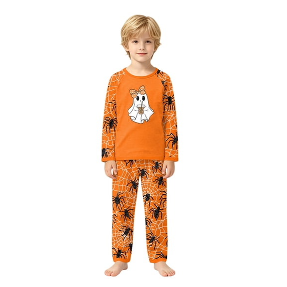 Halloween Family Matching Sleepwear Set Fun Pumpkin and Ghost Print Long Sleeve Top and Pants Holiday Apparel