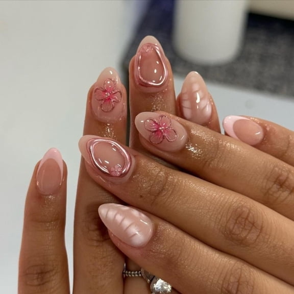 Yiran 3D Flower Pink French Short Almond Press On Nails