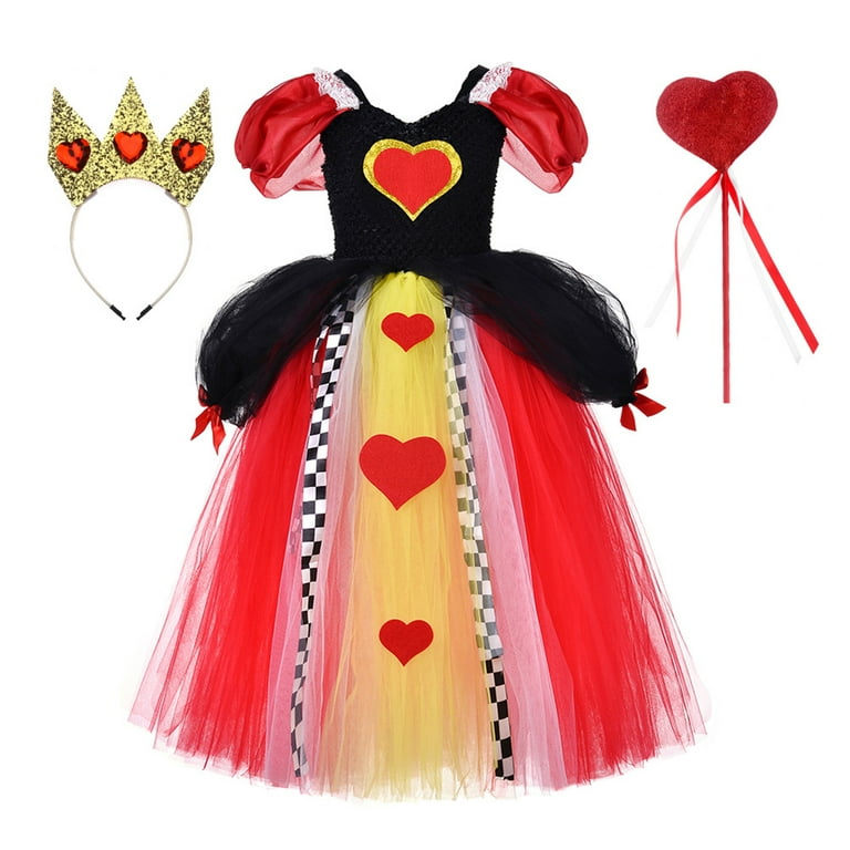 IDOPIP Queen of Hearts Costume for Girls Red Queen Dress Tutu Skirt Set  with Queen Crown Headband and Magic Wand for Toddler Kids Halloween Party