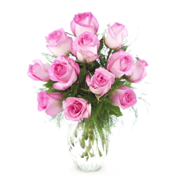 KaBloom: Fall Collection-Bouquet of 12 Pink Roses and 3 greens in vase,Next-Day Delivery, Gift of Fresh Flowers for Every Occasion.