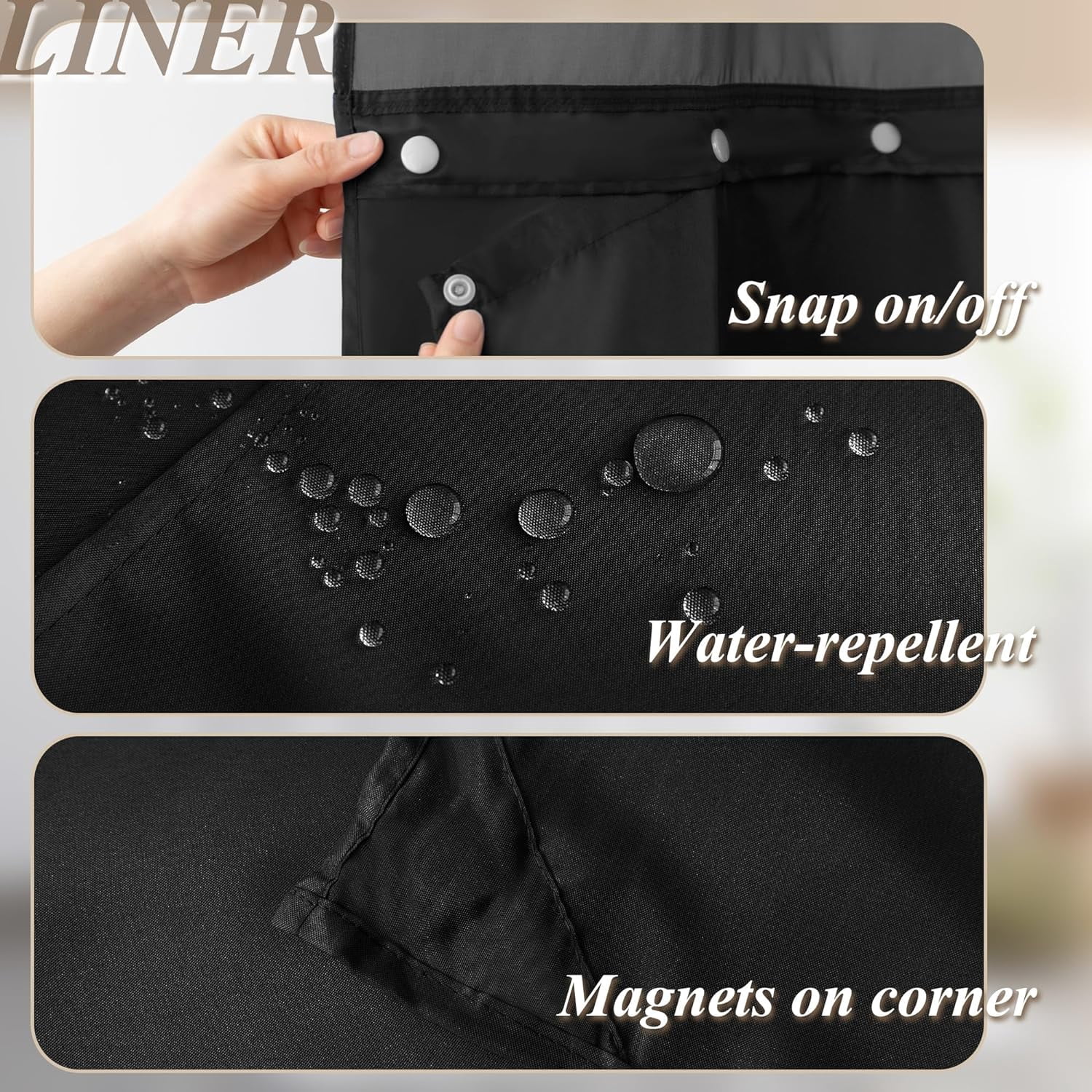 3 Pcs No Hook Black Shower Curtain Set with Chenille Bath Rugs - 71" x 74" Shower Curtain with Snap-in Fabric Liner & Non-Slip Water Absorbent Bathroom Mats Set Accessories