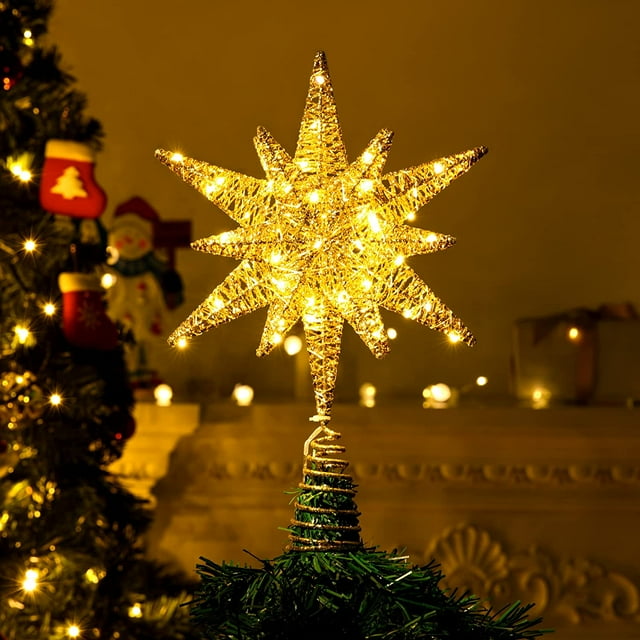 Estrella de árbol de Navidad de metal, lámpara de árbol de estrella de Moravia con luces de hadas LED y temporizador, decoración de Navidad para interiores y exteriores para el hogar, sala de estar, dormitorio, fiesta, dorado esquí esquí Gafas de esquí