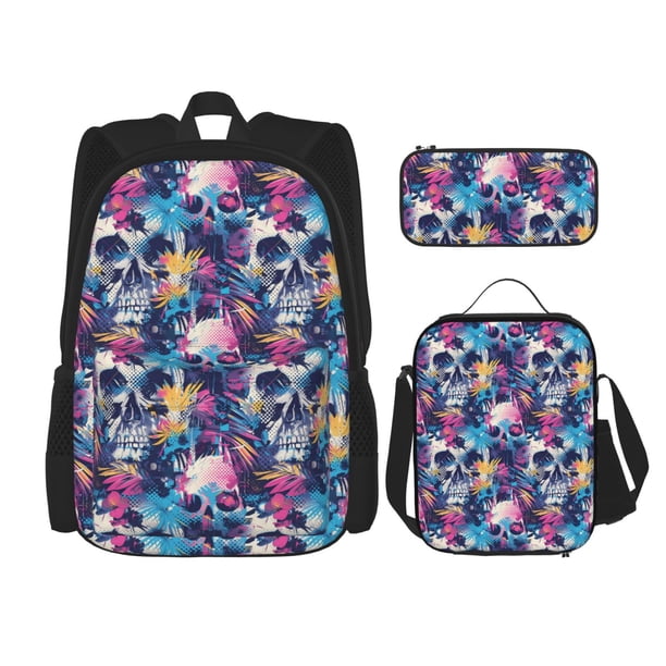 Disketp cool Skull colorful Mochila Estampada de Gran Capacidad con Lonchera y Estuche, Set de 3 Piezas para Estudiantes