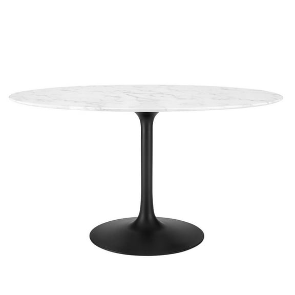 54 Inch Dining Table, White Black, Artificial Marble, Metal Steel, Oval, Mid Century Kitchen Cafe Bistro Hospitality Restaurant, Modern Contemporary HB33253