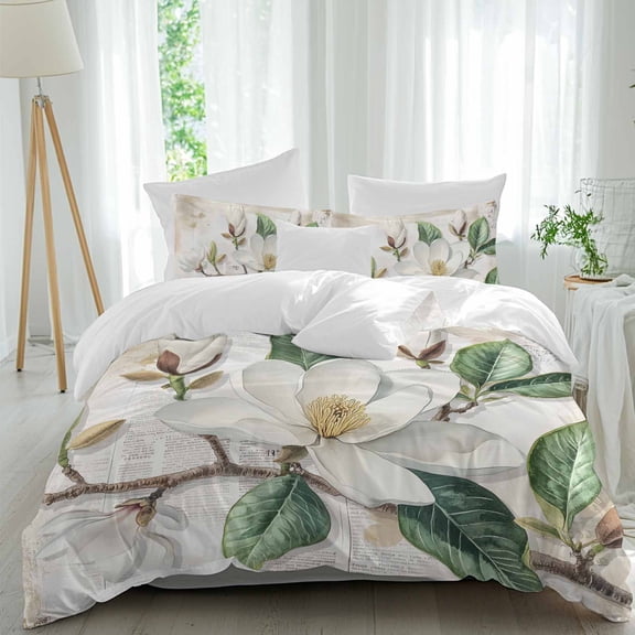 3 Piece Flowers Leaves Duvet Cover Set Queen Size,Microfiber Comforter/Quilt Cover with Corner Ties and 2 Pillowcases,Farmhouse White Botanical Magnolia Retro All Season Bedding with Zipper Closure