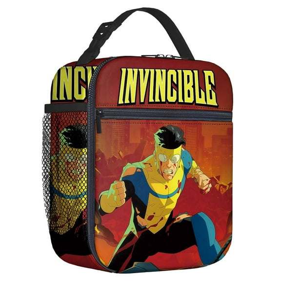 For Invincible Cartoon Themed Insulated Lunch Bag – Reusable Water Resistant Cooler Tote, with Mesh Side Pocket and Zipper, Lunch Box Size 8.66x4.33x10.24 Inch Suitable for Camping, Trips, Picnics