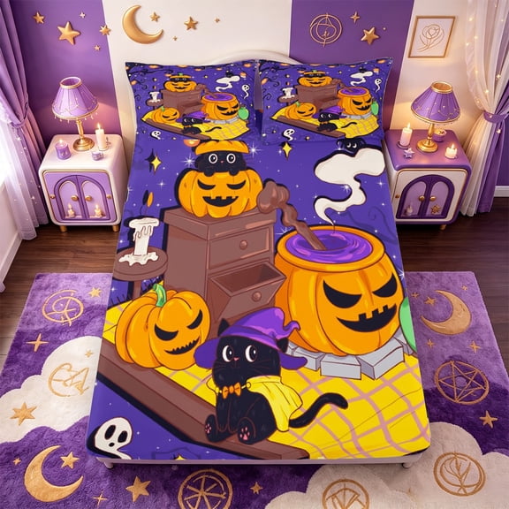 Manfei Funny Cartoon Turkey Fitted Sheet Full,Gothic Bat Print Halloween Bed Set,3 Pieces,1 Fitted Sheet and 2 Pillowcases