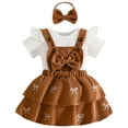 thumbnail image 3 of Pandaie 3-18M Baby Girl Summer Clothes Ruffle Short Sleeve Romper Overall Skirt Dress Bow Headband Set Newborn 3 Piece Cute Outfit Coffee 12M(9-12 Months), 3 of 7