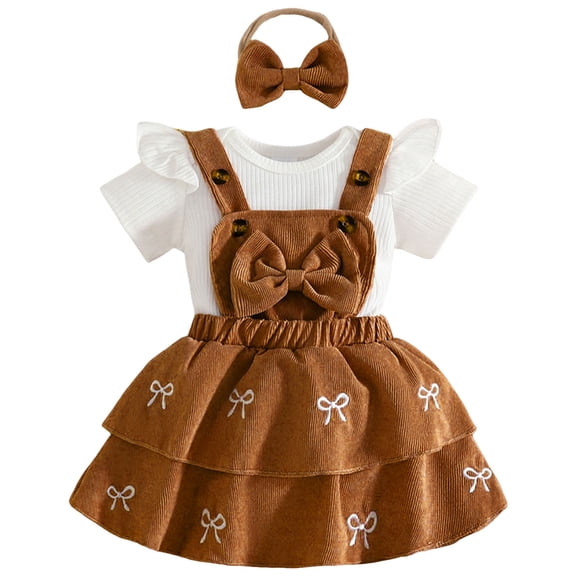 Staki Infant Skirt Newborn Baby Girl Summer Overall Dress Infantl Short Sleeves Ribbed Romper Bow Skirt Set 3Pcs Outfits 6M 12M 18M Coffee,3-6 Months