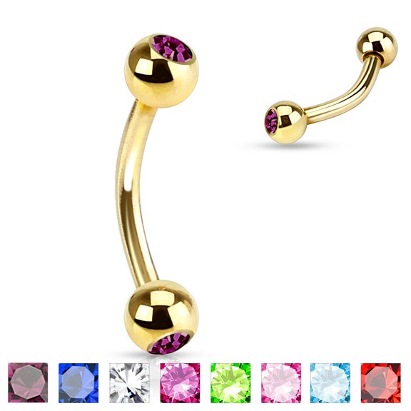Curved Barbell 24k Gold Plated Over Surgical Steel With Big CZ Gems 1 piece 16gx8mmx4mm (TB/11) (red cz)